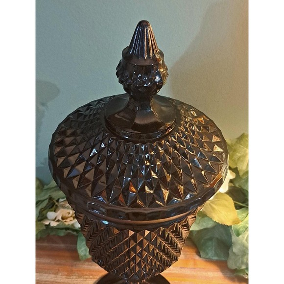 Vintage Indiana Black Glass Tiara Diamond Point 15" Pedestal Compote w/Lid Candy - Picture 3 of 6